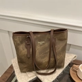 Bolso tote marrón retro de gran capacidad con correas marrón oscuro y textura vintage - Caqui (Sin Colgante)