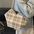 Brown and yellow plaid tweed tote bag with slim shoulder straps and V-cut design - No Pendant / Coffee Plaid