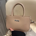 Elegant beige PU leather small square crossbody bag with metallic logo and silver hardware - Khaki