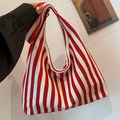 Large striped canvas tote bag in red and white with minimalist hand-held shoulder design - Red