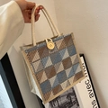 Linen checkered tote bag with woven rope handles and wooden button closure - Blue