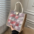 Small fashionable checkered linen tote bag with rope handles and a large button closure - Red