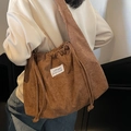 Brown corduroy shoulder tote bag with drawstring closure and large capacity design - Coffee