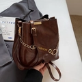 Dark brown retro leather bucket bag with gold chain strap and fashion hangtag - Brown