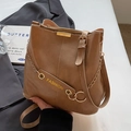 Brown vintage PU leather bucket bag with gold chain accent and adjustable strap - Khaki