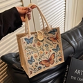 Borsa bento in lino con motivo floreale a farfalla e chiusura con bottone in legno - Bianco Sporco Stile Bottone