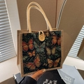 Borsa termica in lino con stampa a farfalla, manici in corda e chiusura con bottone - Nero Con Bottone