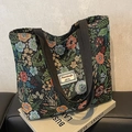 Große Vintage-Tragetasche mit Blumenmuster aus Jacquard-Stoff und braunen Trägern - Schwarz Groß (Reißverschluss)
