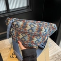 Vintage geometric jacquard chest bag with blue woven zipper pull and adjustable strap - Blue