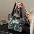 Florale Jacquard-Einkaufstasche mit Vintage-Blumenmustern und schwarzen Henkeln - Schwarz Klein (Offen)