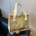 Monet style floral embroidery canvas tote bag with woven handles and metal button - Green Strap Style