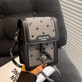 Verticale mini-telefoontas met zwarte lederen bies en grijze wollen stof met stippen - Polka Dot Boog