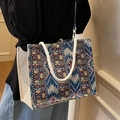 Gewebte Ethno-Tragetasche mit geometrischen Mustern und weißen Seilgriffen - Seil-Stil (5691259004859) / Blau