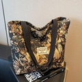 Retro floral jacquard tote bag with black canvas straps and minimalist brand label - Large (Zipper) / Black