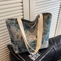 Grote jacquard canvas shopper met vintage bloemenpatroon en stevige handvatten - Groot (Rits) / Blauw