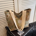 Grote shopper van vintage bloemen jacquard stof met brede canvas banden - Groot (Rits) / Groen
