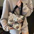 Retro floral jacquard canvas tote bag in earthy tones with black fabric handle - Small (Open) / Black