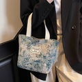 Retro jacquard floral canvas tote bag with Nanxiaojie logo and white woven handles - Small (Open) / Blue