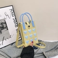Yellow knitted mini tote bag with blue heart pattern and matching round handles - Yellow