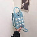 Blue and white knitted mini tote bag with heart patterns and detachable shoulder strap - Green