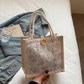 Floral lace canvas tote bag in beige with floral embroidery and rope handles - Pink Floral