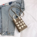 Brown knitted crossbody bag with white heart patterns and a white top handle - Khaki