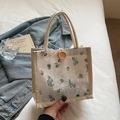 White lace handbag with floral patterns, wooden button and rope handle for daily use - Blue Floral