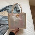 Chic cream tote bag with colorful lace overlay, braided rope handle and wooden button - Pink