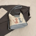 Elegante bolso tote crema y azul claro con siluetas de gatos y correa ajustable - Azul - Sin Colgante