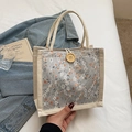 Beige floral lace canvas tote bag with wooden button closure and rope handles - Gray
