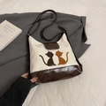 Sac fourre-tout pour femme en simili cuir crème et marron avec broderie chat mignon - Café Sans Pendentif