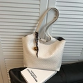 Off-white woven leather tote bag with long shoulder strap and charm detail - White (With Bell Rope Charm)