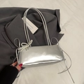 Metallic silver rectangle underarm bag with delicate pearl charm and bow ribbons - Silver + Pearl Bow Charm