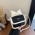 Mini black and white crossbody bag with crocodile texture and large white bow detail - Black
