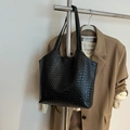 Grand sac cabas noir tissé pour femme, idéal pour le quotidien et les déplacements - Noir (Sans Pendentif)