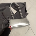 Silver metallic rectangular baguette bag with long side tassels and thin straps - Silver - No Charm
