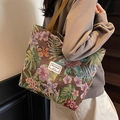 Große Retro-Jacquard-Canvas-Einkaufstasche mit Blumenmuster für Damen im Alltag - Kaffee Groß