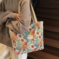 Borsa tote in jacquard con motivo floreale vintage e manici beige larghi - Grande / Cachi