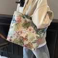 Tragetasche aus Jacquard mit Blumenmuster, Schmetterlingen und beigem Schultergurt - Khaki Groß