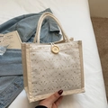 Borsa da pranzo ricamata bianco sporco con manici in corda e bottone decorativo in legno - Beige a Pois