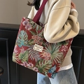 Rote Retro-Tote-Bag aus Jacquard mit Blumenmuster, Schmetterlingen und Webgriffen - Weinrot Groß