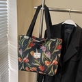 Large black floral jacquard tote bag with tulip pattern and casual shoulder strap - Large / Black