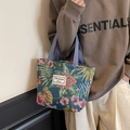 Blue tapestry tote bag with vintage pink floral patterns and fabric handle straps - Blue Small