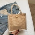 Borsa bento in lino con motivo a rombi e grande bottone in legno color beige - Kaki