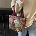 Retro dark red floral canvas tote bag with jacquard tropical leaf patterns and red handles - Wine Red Small