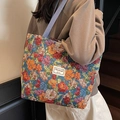 Borsa tote in jacquard floreale rétro con grande capacità e motivo etnico colorato - Blu Grande