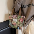 Retro floral jacquard canvas tote bag with brown straps and vintage flower pattern - Coffee Small
