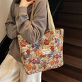 Borsa tote jacquard con motivi floreali retrò colorati e manici in tessuto beige - Cachi Grande