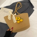 Handcrafted straw tote bag in light brown with white lace bow and yellow flower charms - Khaki With Yellow & Satin Scarf