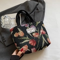 Large capacity tote bag with colorful tulip floral embroidery and black canvas handles - Small / Black